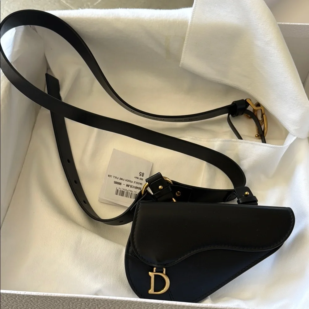 Christian Dior saddle Black Leather logo Belt with Gold Sz 85